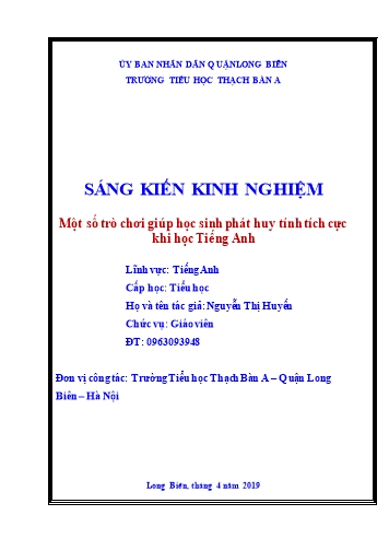 Sáng kiến kinh nghiệm Một số trò chơi giúp học sinh phát huy tính tích cực khi học Tiếng Anh Khối 3, 4, 5